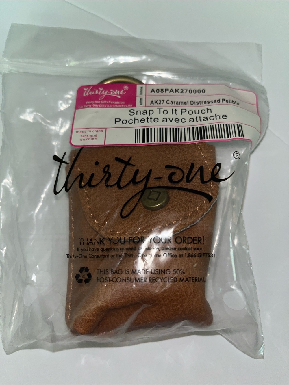 Thirty-one Caramel Distressed Pebble Snap To It Pouch New